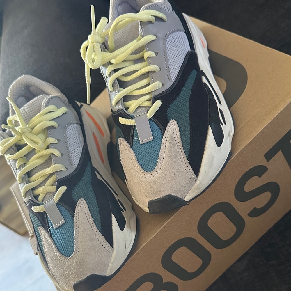 Yeezy Multi-Panel Gray Teal Black Sneakers with Orange Accents
